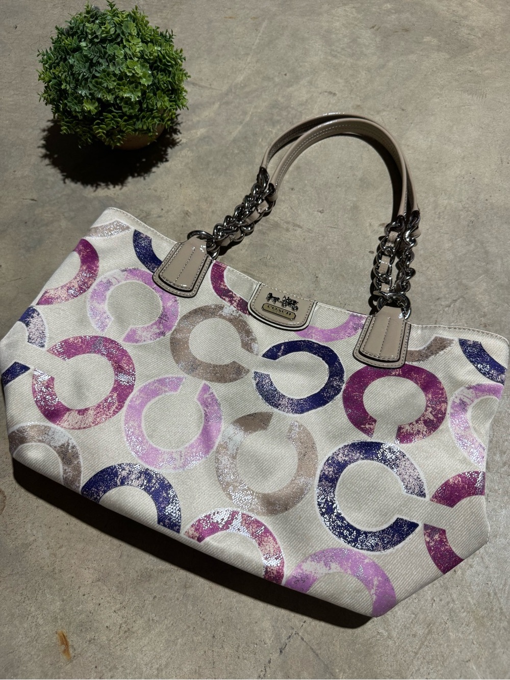 Coach Madison Metallic Gesso OP Art Tote Bag Purse Purple Y2K Vintage 22289